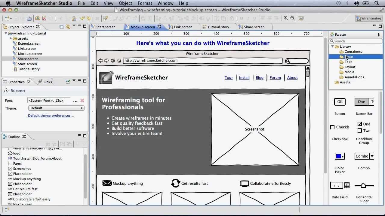 where is properties and ouline in wireframesketcher